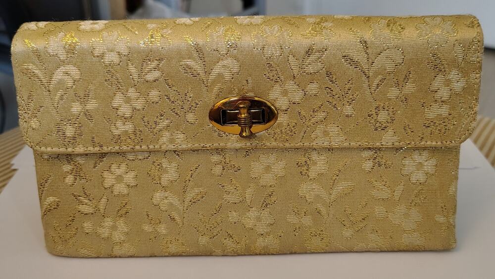 #1402 - BRITEMADE VINTAGE GOLD BROCADE FLORAL CLUTCH WITH ORIG COMB AND MIRROR